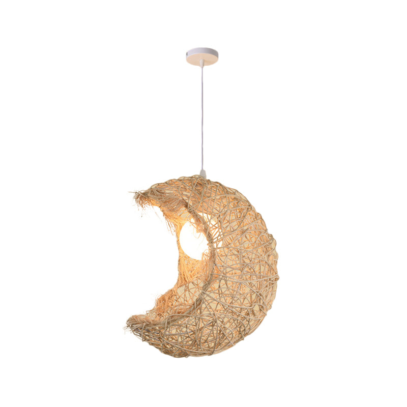 Asian Style Bamboo Woven Pendant Light - Beige Cone/Crescent/House Design