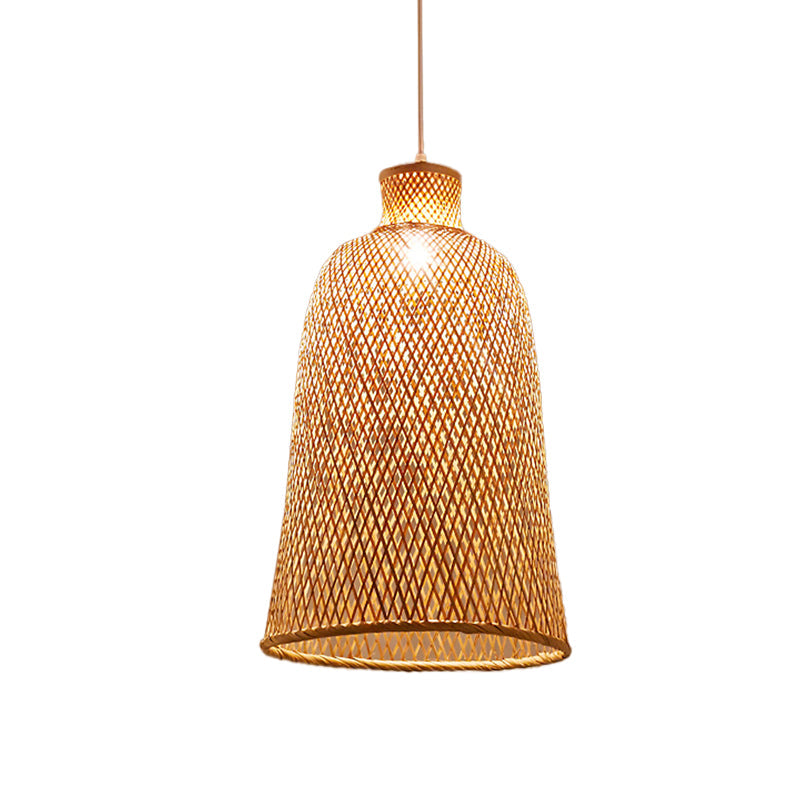 Criss-Cross Woven Bamboo Asian Pendant Lamp - Beige Color