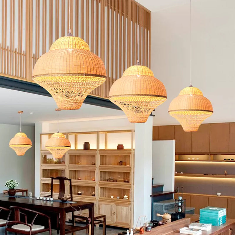 Chinese Bamboo Woven Gourd/Basket Pendant Lamp - Single-Bulb Beige / B