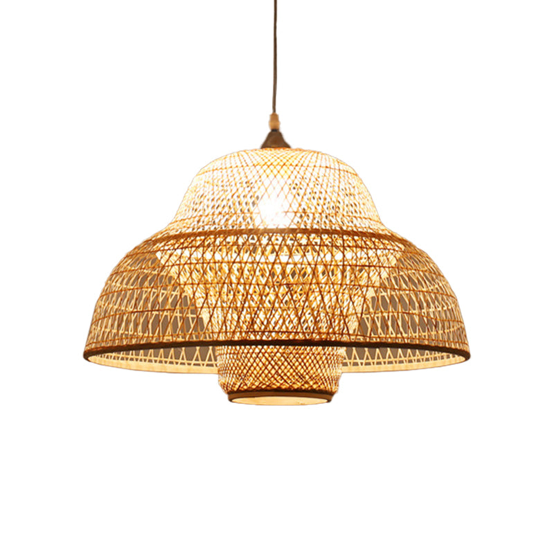 Chinese Bamboo Woven Gourd/Basket Pendant Lamp - Single-Bulb Beige / C