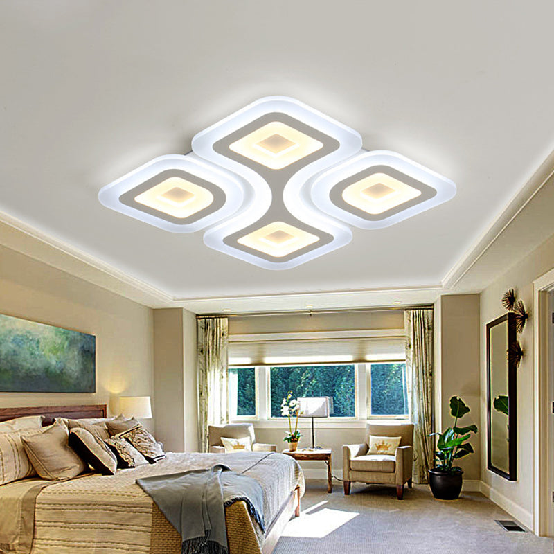 Modern Grid Design LED Flush Light - White Square/Rectangle Ceiling Mount in 3 Sizes (19.5"/23.5"/35.5"), Warm/White Light