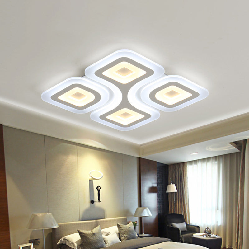 Modern Grid Design Led Flush Light - White Square/Rectangle Ceiling Mount In 3 Sizes