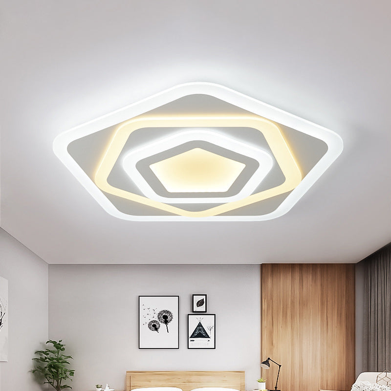 Contemporary White Layered Pentagon Led Flush Light - Warm/White Ceiling Mount Lamp 8/19.5 Wide