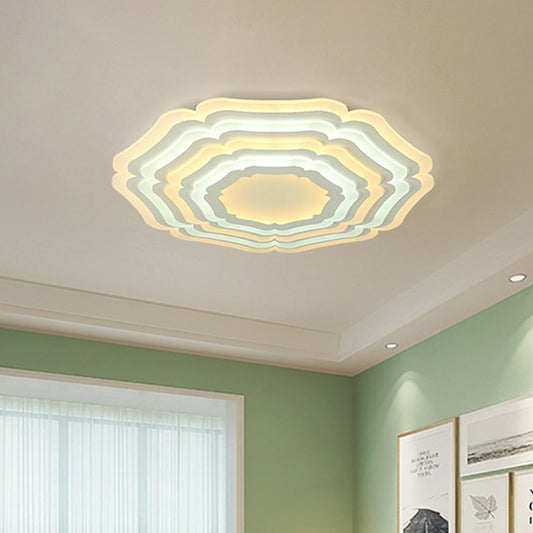 Modern White Floral Layer Led Flush-Mount Light Fixture For Living Room - 8/19.5/39 Wide