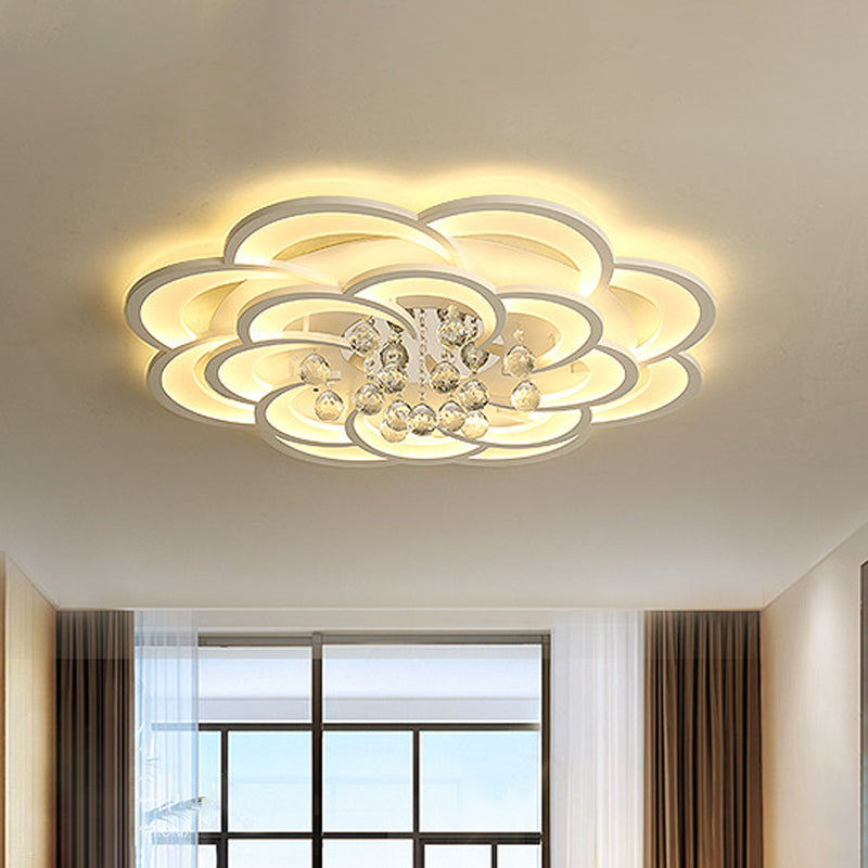Modern Floral Girls Bedroom LED Flush Ceiling Light with Crystal Ball Drop, in White - 20.5"/31.5"/47" Width