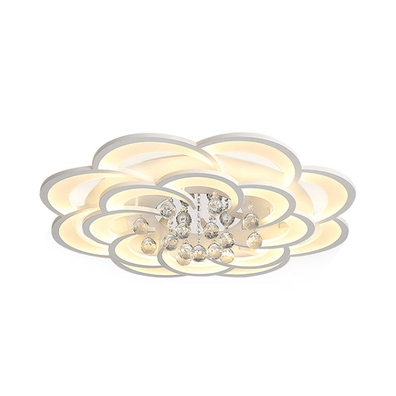 Modern Floral Girls Bedroom LED Flush Ceiling Light with Crystal Ball Drop, in White - 20.5"/31.5"/47" Width