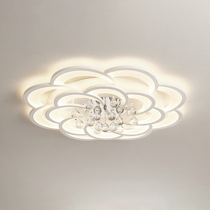 Modern Floral Girls Bedroom LED Flush Ceiling Light with Crystal Ball Drop, in White - 20.5"/31.5"/47" Width