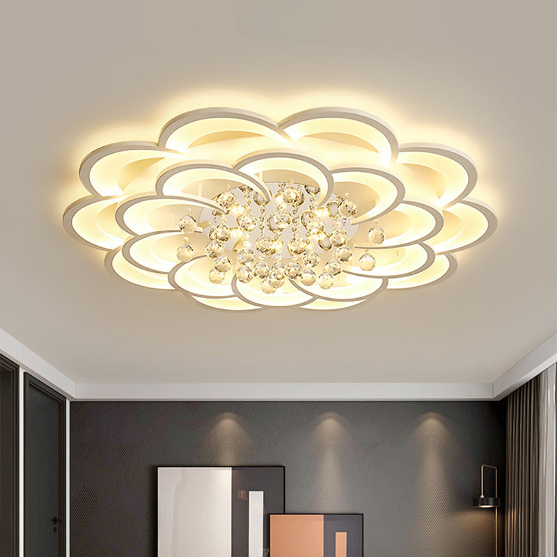 Modern Floral Girls Bedroom LED Flush Ceiling Light with Crystal Ball Drop, in White - 20.5"/31.5"/47" Width
