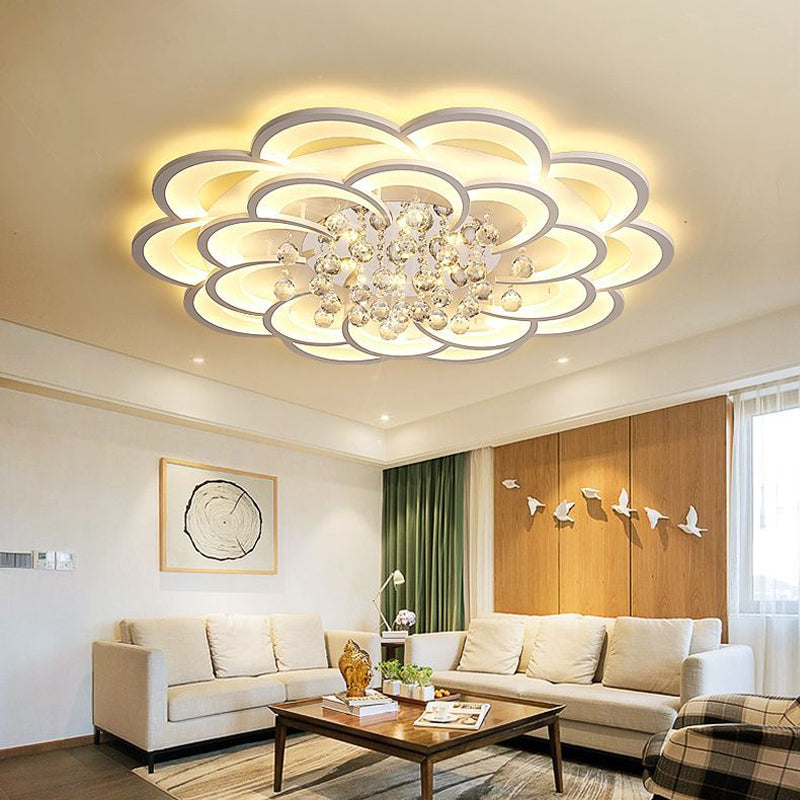 Modern Floral Girls Bedroom LED Flush Ceiling Light with Crystal Ball Drop, in White - 20.5"/31.5"/47" Width