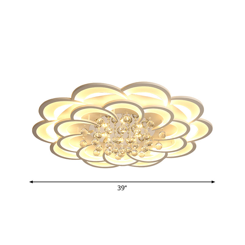 Modern Floral Girls Bedroom LED Flush Ceiling Light with Crystal Ball Drop, in White - 20.5"/31.5"/47" Width