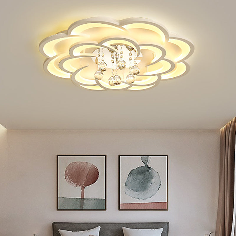 Modern Floral Girls Bedroom LED Flush Ceiling Light with Crystal Ball Drop, in White - 20.5"/31.5"/47" Width