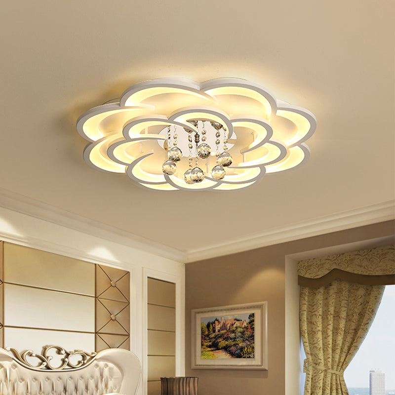 Modern Floral Girls Bedroom LED Flush Ceiling Light with Crystal Ball Drop, in White - 20.5"/31.5"/47" Width