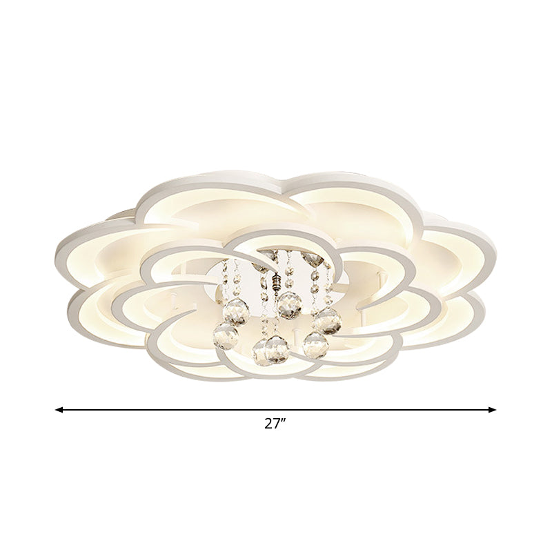 Modern Floral Girls Bedroom Led Flush Ceiling Light With Crystal Ball Drop In White - 20.5/31.5/47