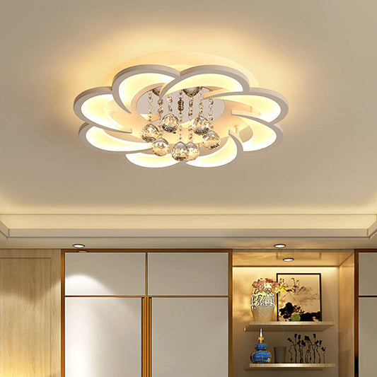 Modern Floral Girls Bedroom LED Flush Ceiling Light with Crystal Ball Drop, in White - 20.5"/31.5"/47" Width