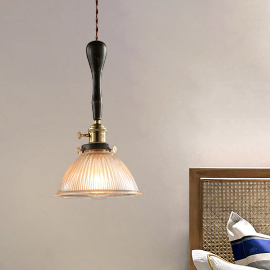 Industrial Ribbed Glass Pendant Light with Clear Dome for Living Room Ceiling - 1 Light Fixture