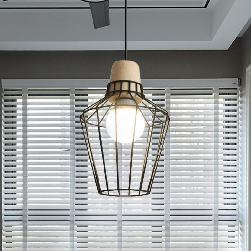 Industrial Metal Wire Cage Pendant Light With Bottle/Barn Shade Black / Bottle