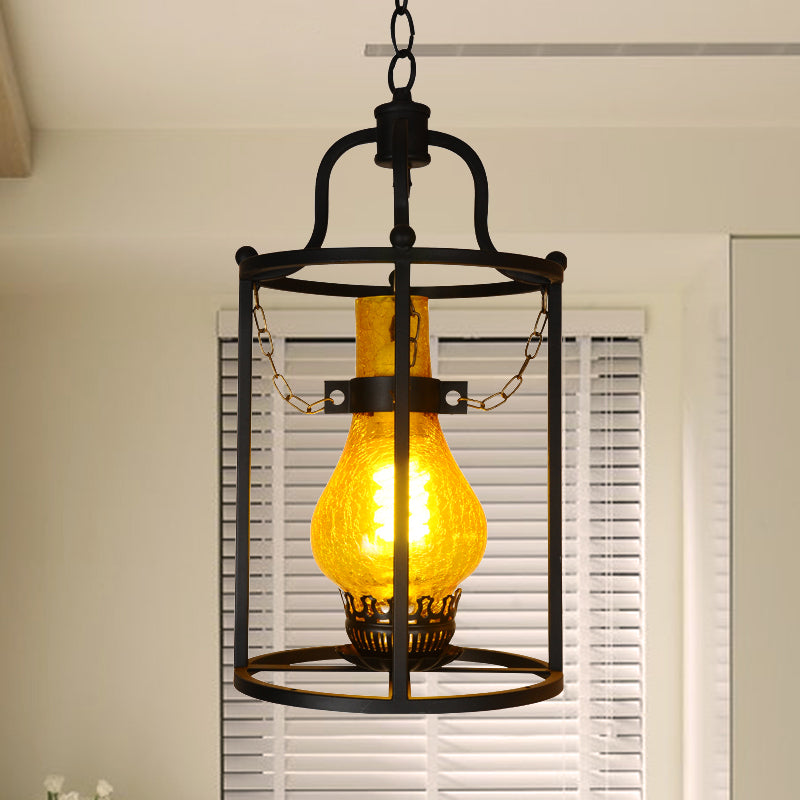 Vintage Black Crackle Glass Hanging Lantern Ceiling Pendant Light - Indoor Use Yellow