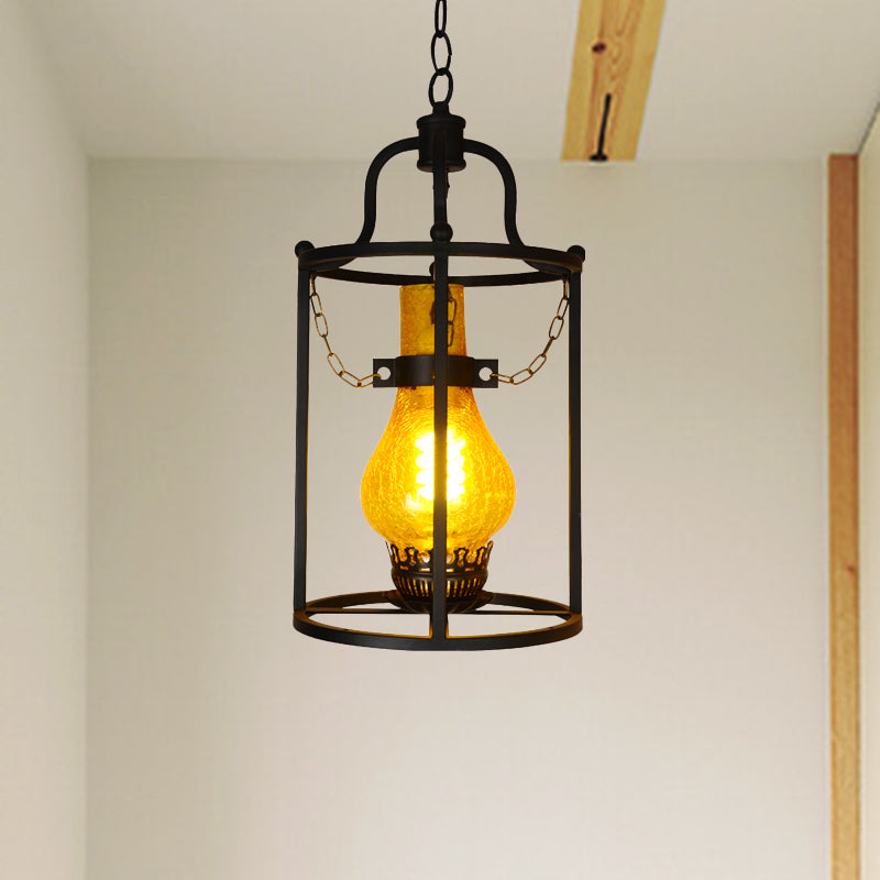 Vintage Black Crackle Glass Hanging Lantern Ceiling Pendant Light - Indoor Use