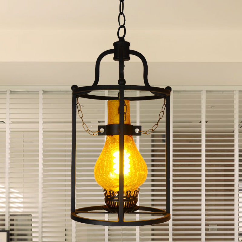 Vintage Black Crackle Glass Lantern Pendant Light for Indoors - 1-Light Ceiling Lamp