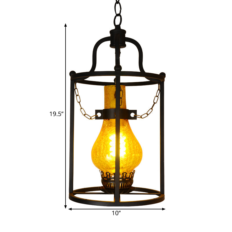 Vintage Black Crackle Glass Lantern Pendant Light for Indoors - 1-Light Ceiling Lamp