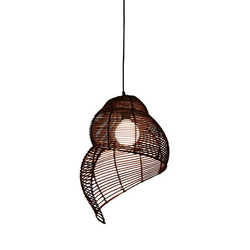 Coastal Single-Bulb Rattan Pendant Light Kit - Spiral Shell Shaped, Coffee/Beige - 10"/12"/14" Wide