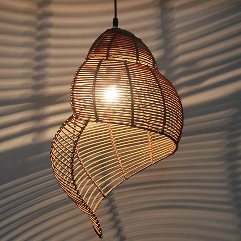 Coastal Single-Bulb Rattan Pendant Light Kit - Spiral Shell Shaped, Coffee/Beige - 10"/12"/14" Wide
