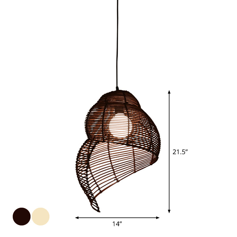 Coastal Single-Bulb Rattan Pendant Light Kit - Spiral Shell Shaped, Coffee/Beige - 10"/12"/14" Wide