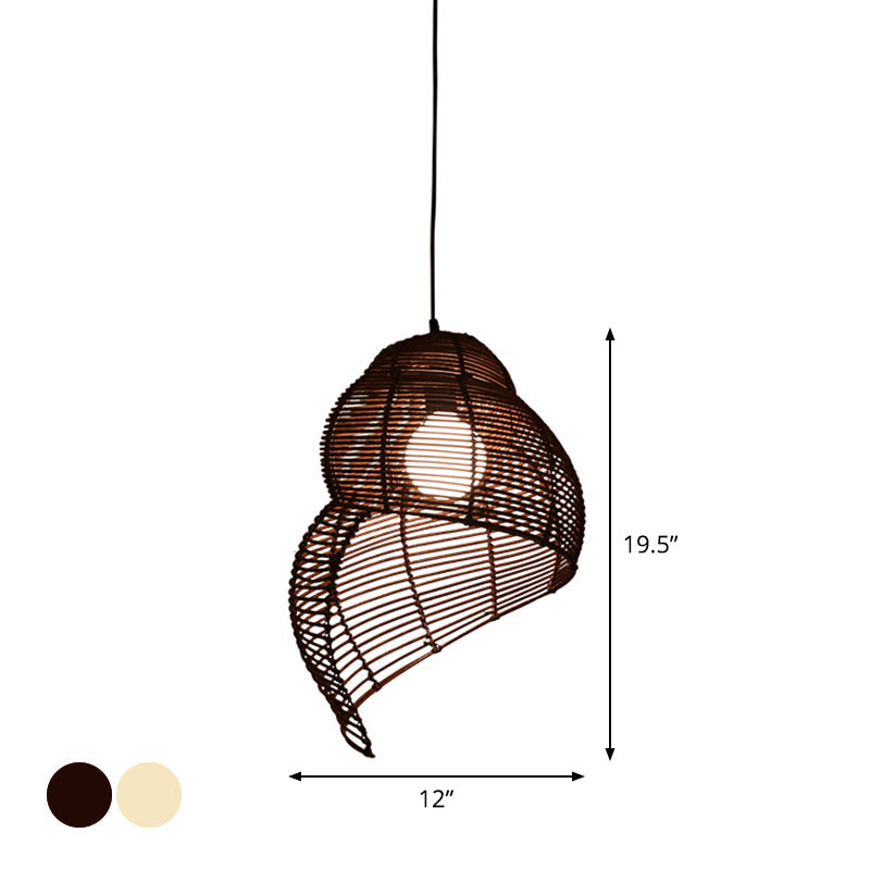Coastal Single-Bulb Rattan Pendant Light Kit - Spiral Shell Shaped, Coffee/Beige - 10"/12"/14" Wide