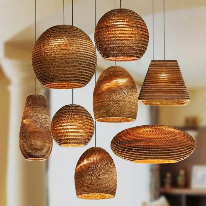 Suspension rustique de style bistrot marron avec abat-jour en papier ondulé géométrique/cylindrique/ventre