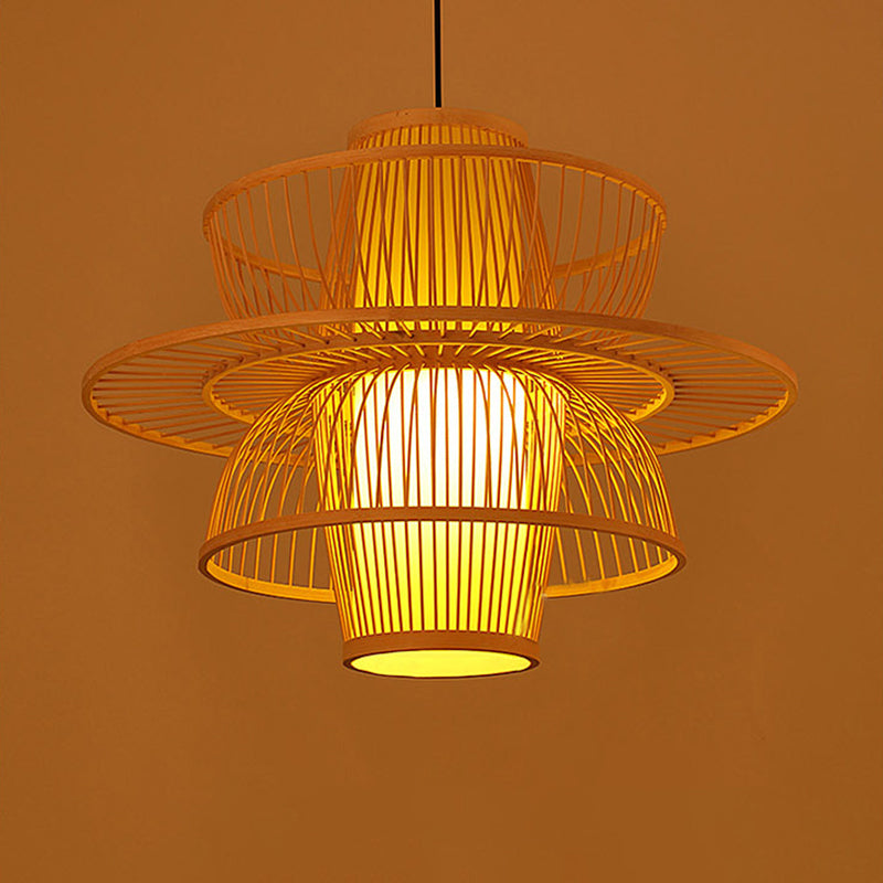 Chinese Bamboo Pendant Light Kit: Teardrop/Bubbling/3-Shade 1-Light Beige Lantern