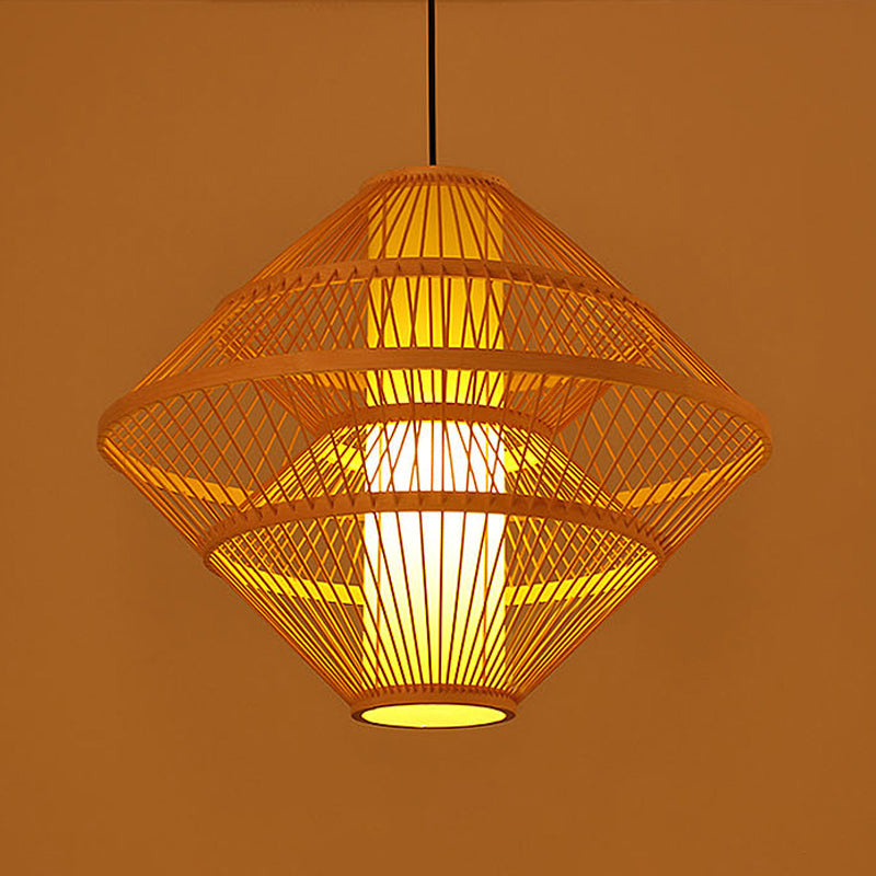 Chinese Style Bamboo Teardrop Pendant Light Kit Beige Hanging Lantern With Bubbling 3-Shades 1-Light