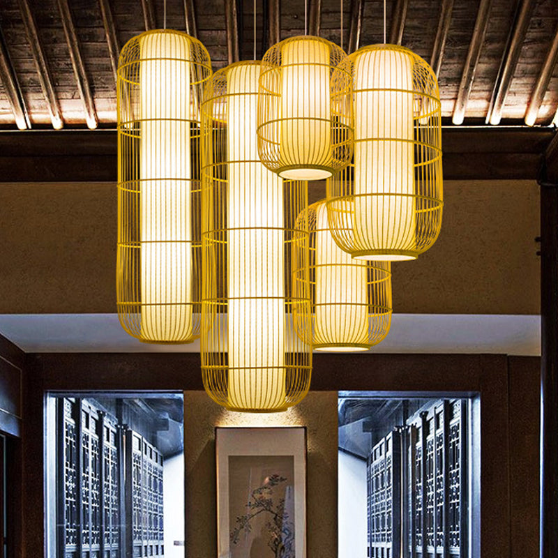 Beige Bamboo Hanging Lantern - Asian Style Pendant Light, 1-Light, Elongated Oval/Barrel Drop, Multiple Sizes - 16"/19.5"/31.5" Height