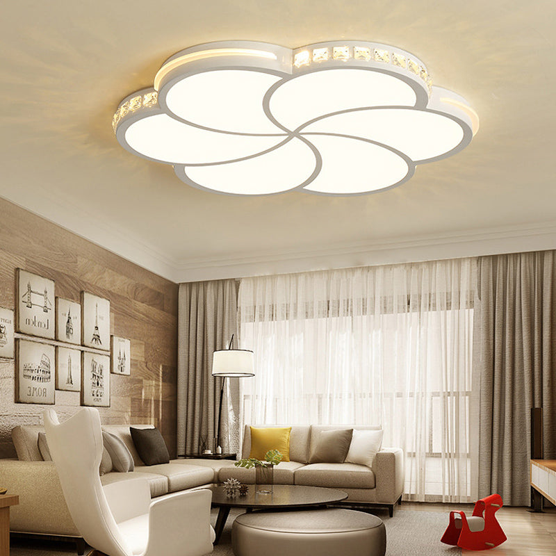 Contemporary LED Flush Ceiling Light: White Flower Design with Clear Crystal Accents for Kid's Room