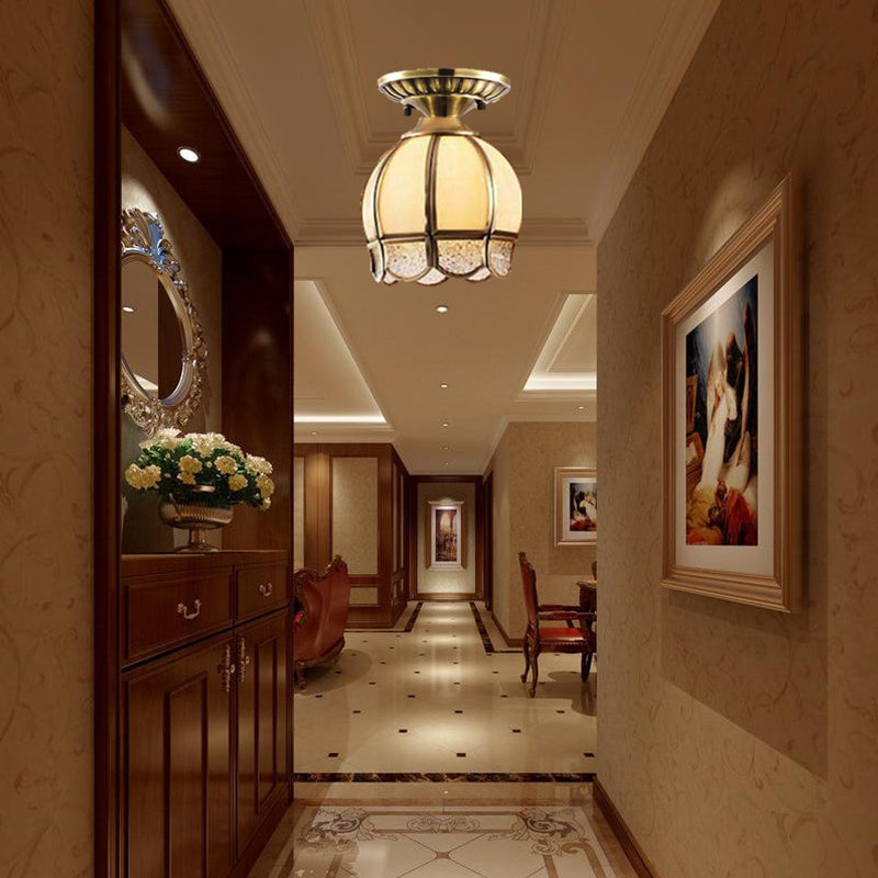 Frosted Glass Flush Lamp - Curved/Cylinder/Flower Design - 1-Light Corridor Flush Mount Light in Brass
