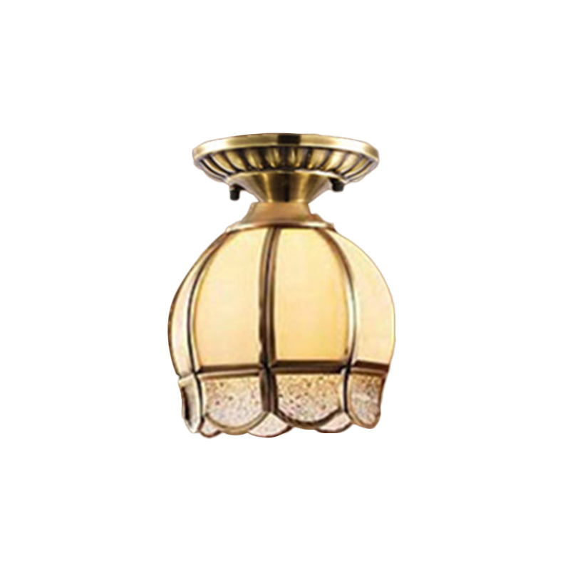Frosted Glass Flush Lamp - Curved/Cylinder/Flower Design 1-Light Corridor Mount Light In Brass