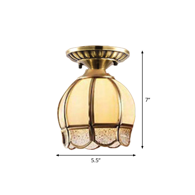 Frosted Glass Flush Lamp - Curved/Cylinder/Flower Design 1-Light Corridor Mount Light In Brass