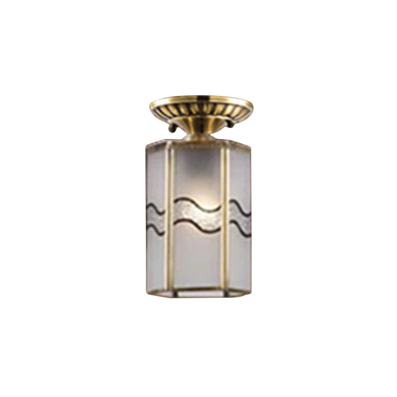 Frosted Glass Flush Lamp - Curved/Cylinder/Flower Design 1-Light Corridor Mount Light In Brass