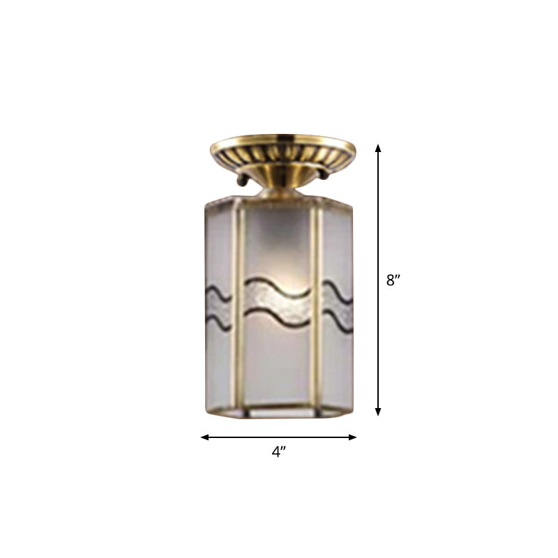 Frosted Glass Flush Lamp - Curved/Cylinder/Flower Design 1-Light Corridor Mount Light In Brass