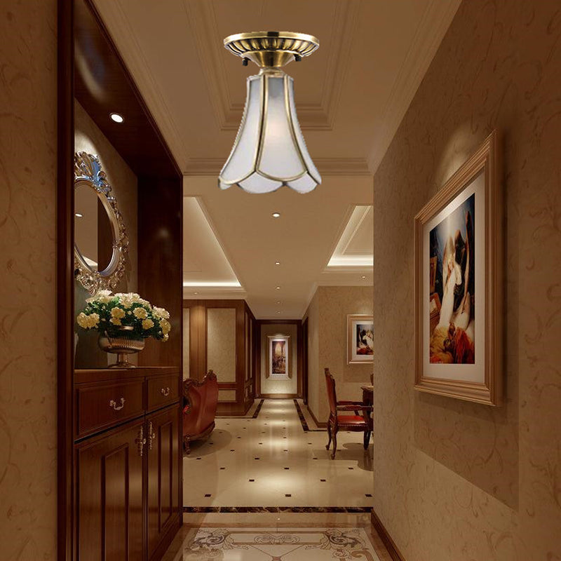 Frosted Glass Flush Lamp - Curved/Cylinder/Flower Design - 1-Light Corridor Flush Mount Light in Brass
