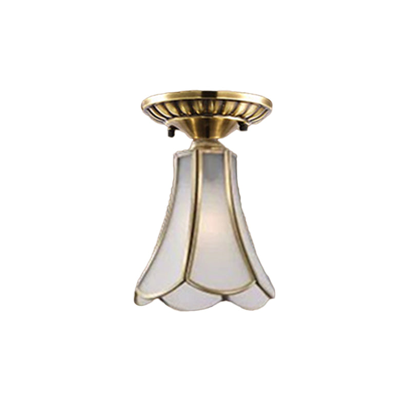 Frosted Glass Flush Lamp - Curved/Cylinder/Flower Design 1-Light Corridor Mount Light In Brass