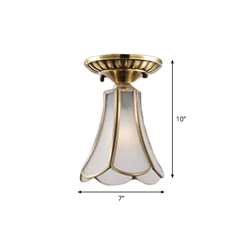 Frosted Glass Flush Lamp - Curved/Cylinder/Flower Design 1-Light Corridor Mount Light In Brass