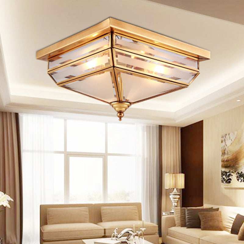 Traditional Brass Ceiling Lamp - 11.5/16 W 3 Lights Beveled Glass Square Flush Mount