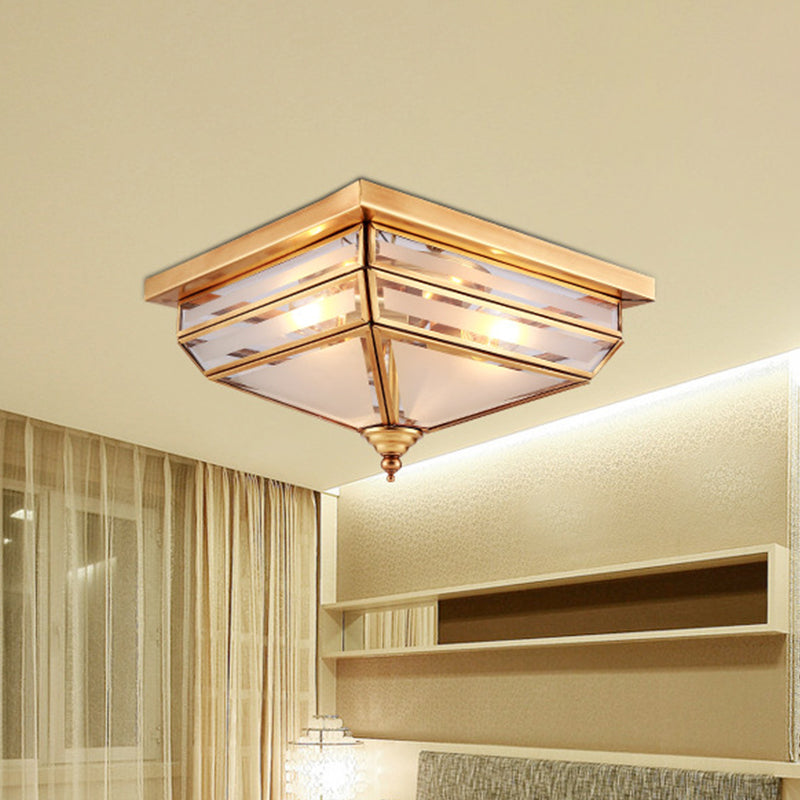 Traditional Brass Ceiling Lamp - 11.5"/16" W, 3 Lights, Beveled Glass Square Flush Mount