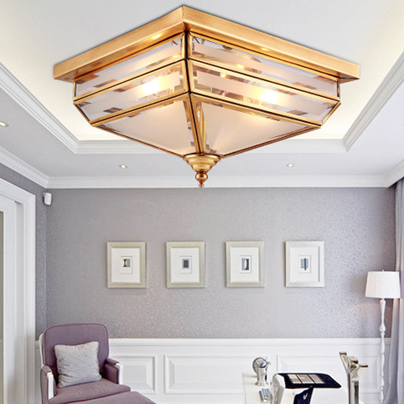 Traditional Brass Ceiling Lamp - 11.5"/16" W, 3 Lights, Beveled Glass Square Flush Mount