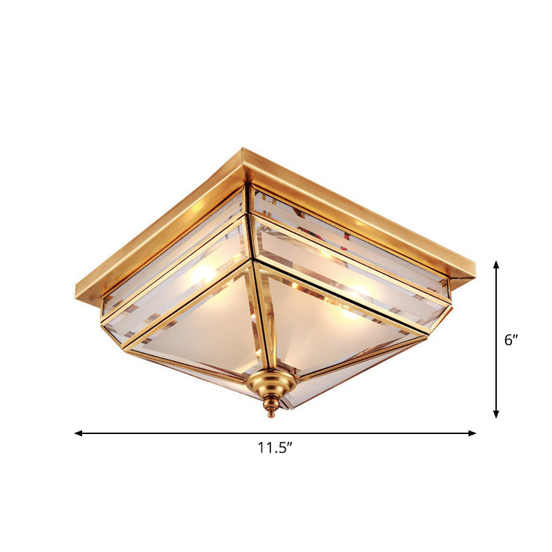 Traditional Brass Ceiling Lamp - 11.5/16 W 3 Lights Beveled Glass Square Flush Mount