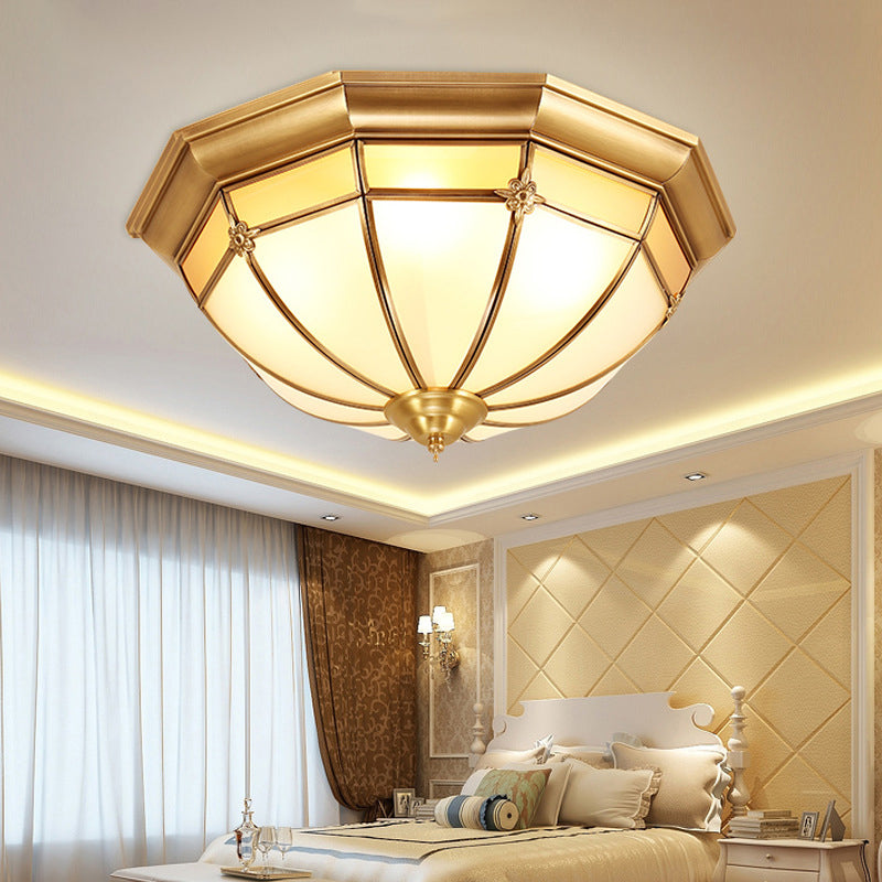 Vintage Brass Flush Light with Frosted Glass Panels - 3/4/6 lights, Octagonal Design - Small/Medium/Large Ceiling Lamp
