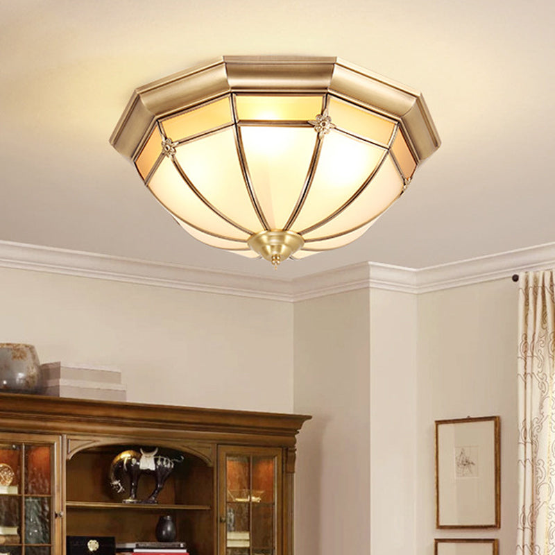 Vintage Brass Flush Light With Frosted Glass Panels - 3/4/6 Lights Octagonal Design