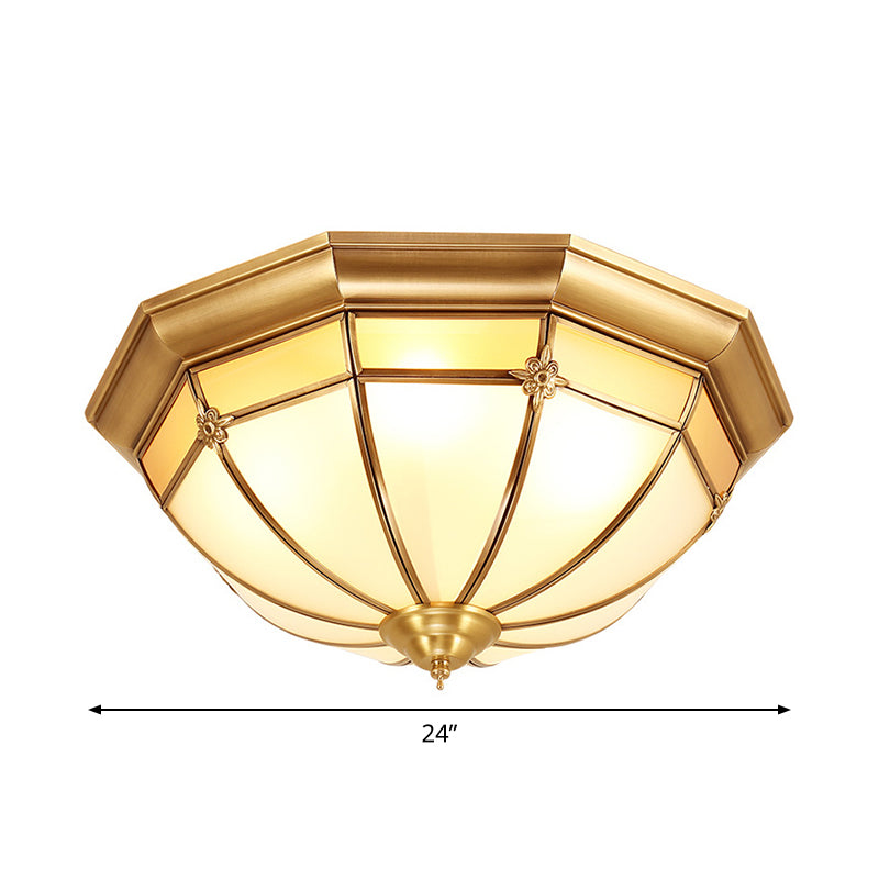 Vintage Brass Flush Light with Frosted Glass Panels - 3/4/6 lights, Octagonal Design - Small/Medium/Large Ceiling Lamp