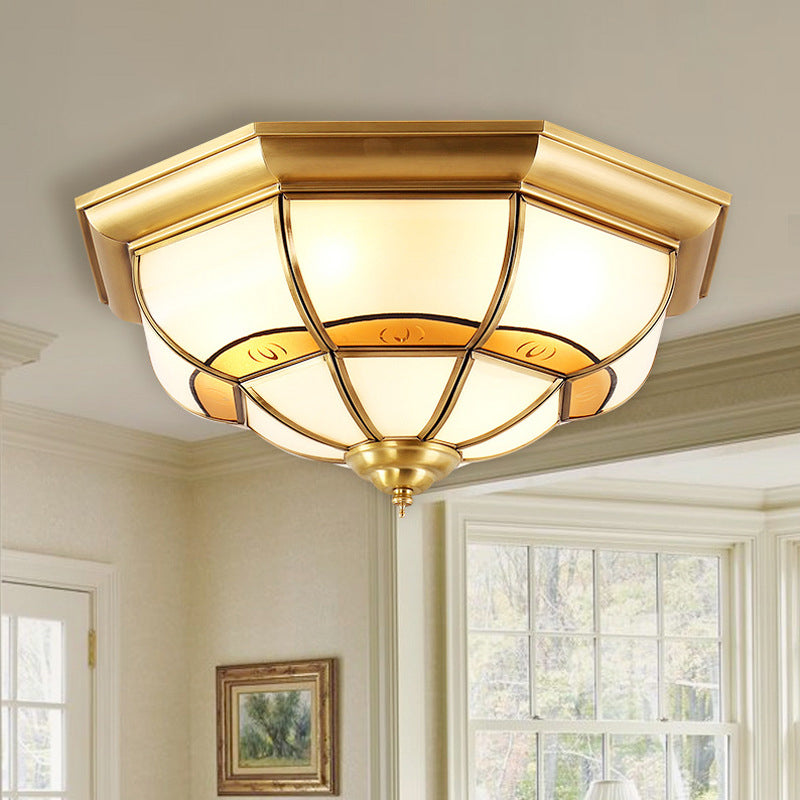 Vintage Brass Flush Light with Frosted Glass Panels - 3/4/6 lights, Octagonal Design - Small/Medium/Large Ceiling Lamp