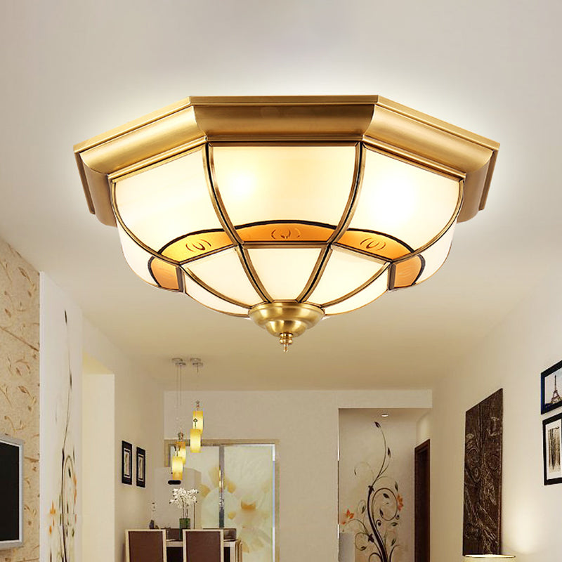 Vintage Brass Flush Light with Frosted Glass Panels - 3/4/6 lights, Octagonal Design - Small/Medium/Large Ceiling Lamp